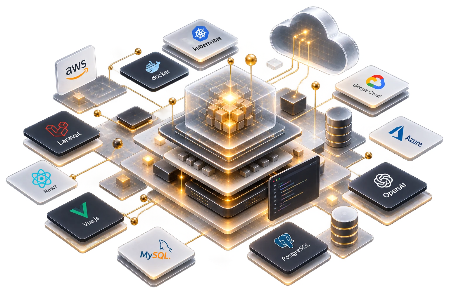 Technologie-Bausteine um einen zentralen Systemkern: React, Vue.js, Laravel, MySQL, PostgreSQL, Docker, Kubernetes, AWS, Azure, Google Cloud und OpenAI
